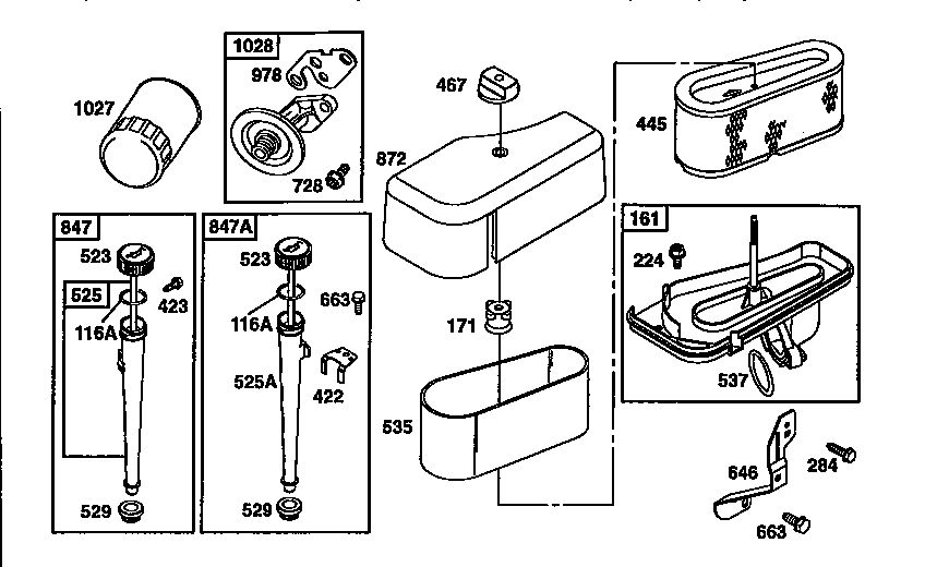 Dipstick And Air Cleaner Diagram and Parts List for 287700  Briggs and Stratton Engine